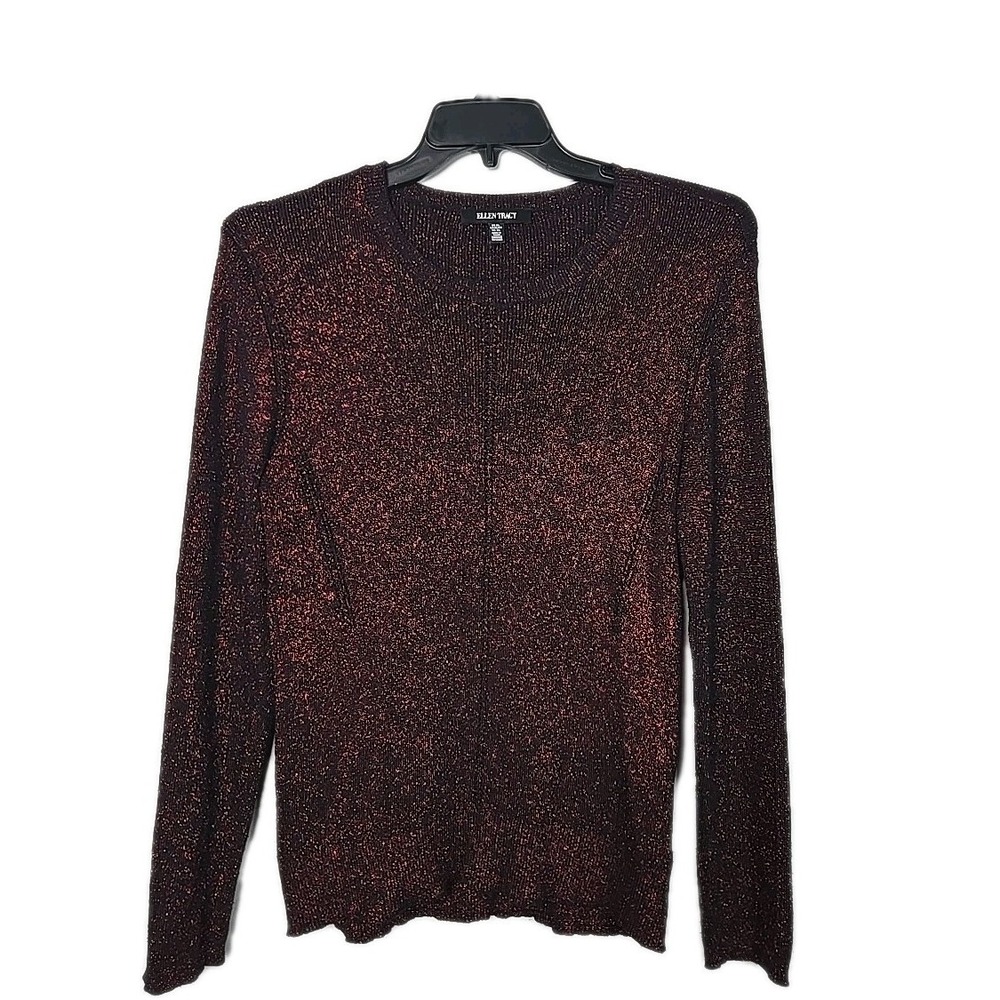 Ellen Tracy Red Metallic Sparkle Nylon Blend Long Sleeve Knit Top Sweater XL